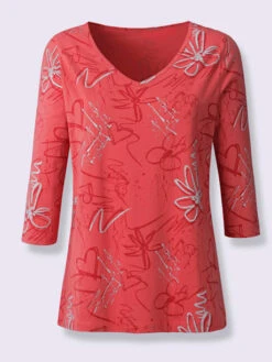 T-shirt Imprimé En Coton Encolure En V Manches 3/4