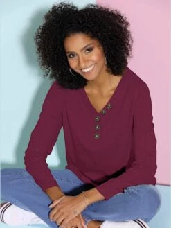 T-shirt En Coton Col En V Avec Boutons Décoratifs Manches Longues