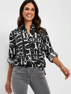 Chemisier à Manches Longues Inscription Imprimée Tendance