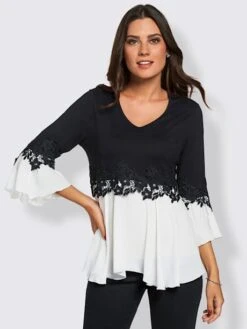 T-shirt Bicolore Souple Ornée Dentelle Fleurie -Reine Du Style Soldes Boutique 191.00FJ257741 B24.001