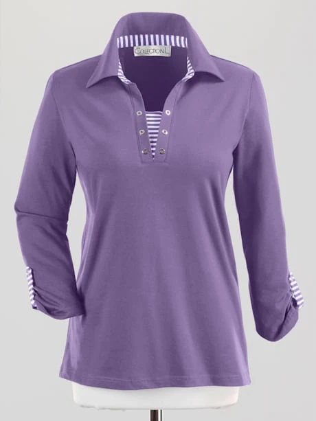 T-shirt Uni Rayures Boutonnière Col Et Manches 3 T-shirt Uni Rayures Boutonnière Col Et Manches